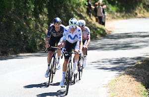 CHIAVARI, ITALY - MAY 20: (L-R) Chris Harper of Australia and Team Pinarello Q36.5 Pro Cycling, Enric Mas of Spain and Team Movistar compete in the breakaway during the 109th Giro d'Italia 2026, Stage 11 a 195km stage from Porcari to Chiavari / #UCIWT / on May 20, 2026 in Chiavari, Italy. (Photo by Dario Belingheri/Getty Image)