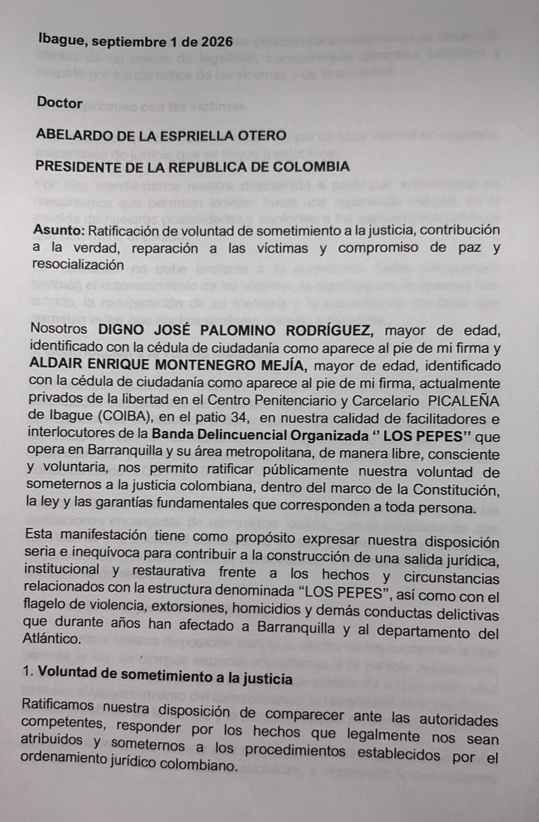 Carta de Digno Palomino al presidente Abelardo De La Espriella.