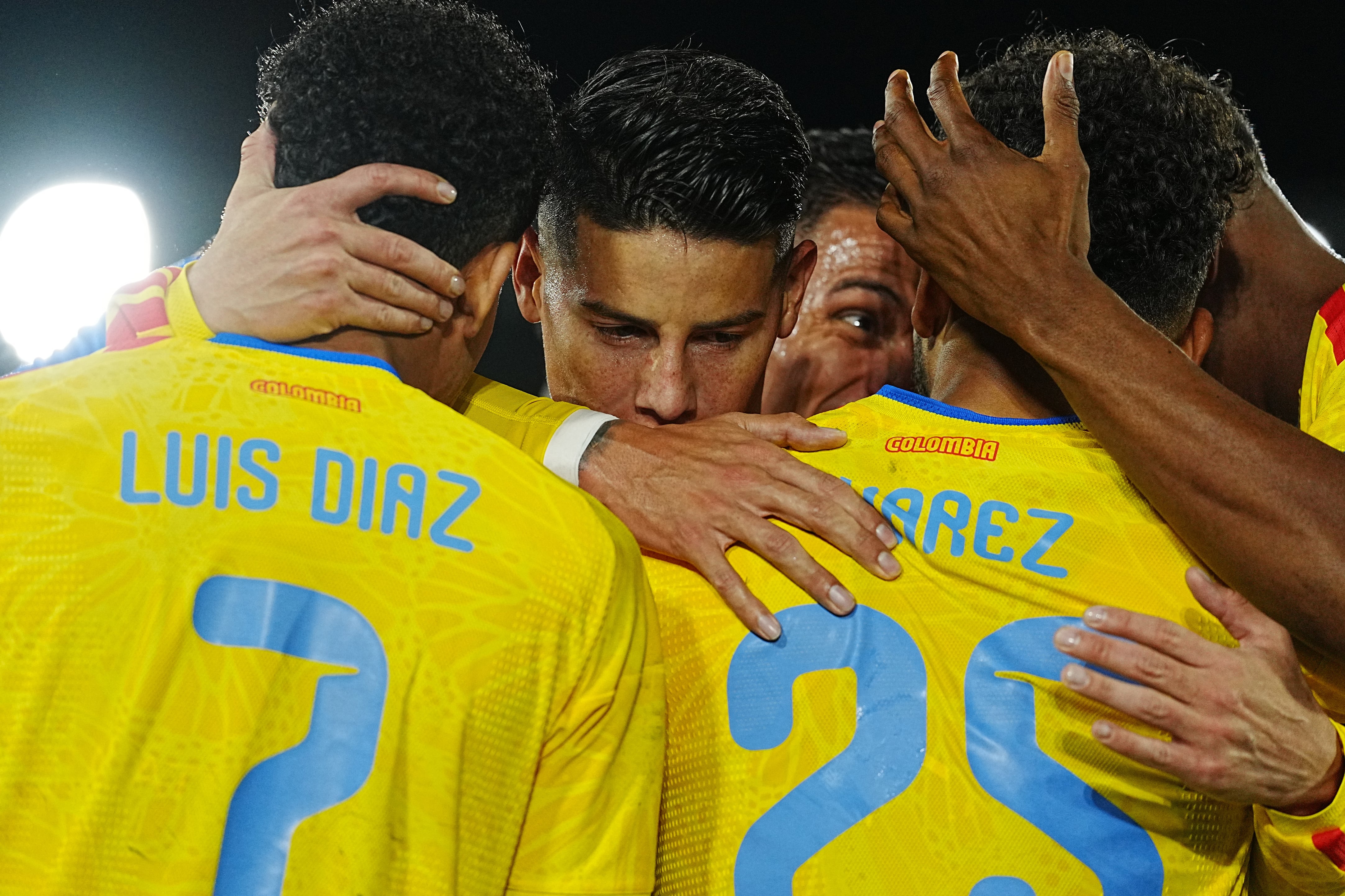 BOGOTA, COLOMBIA - JUNE 01: Luis Suarez of Colombia celebrates with teammates after scoring the team's third goal during the international friendly match between Colombia and Costa Rica at Estadio El Campin on June 01, 2026 in Bogota, Colombia. (Photo by Andres Rot/Getty Images)