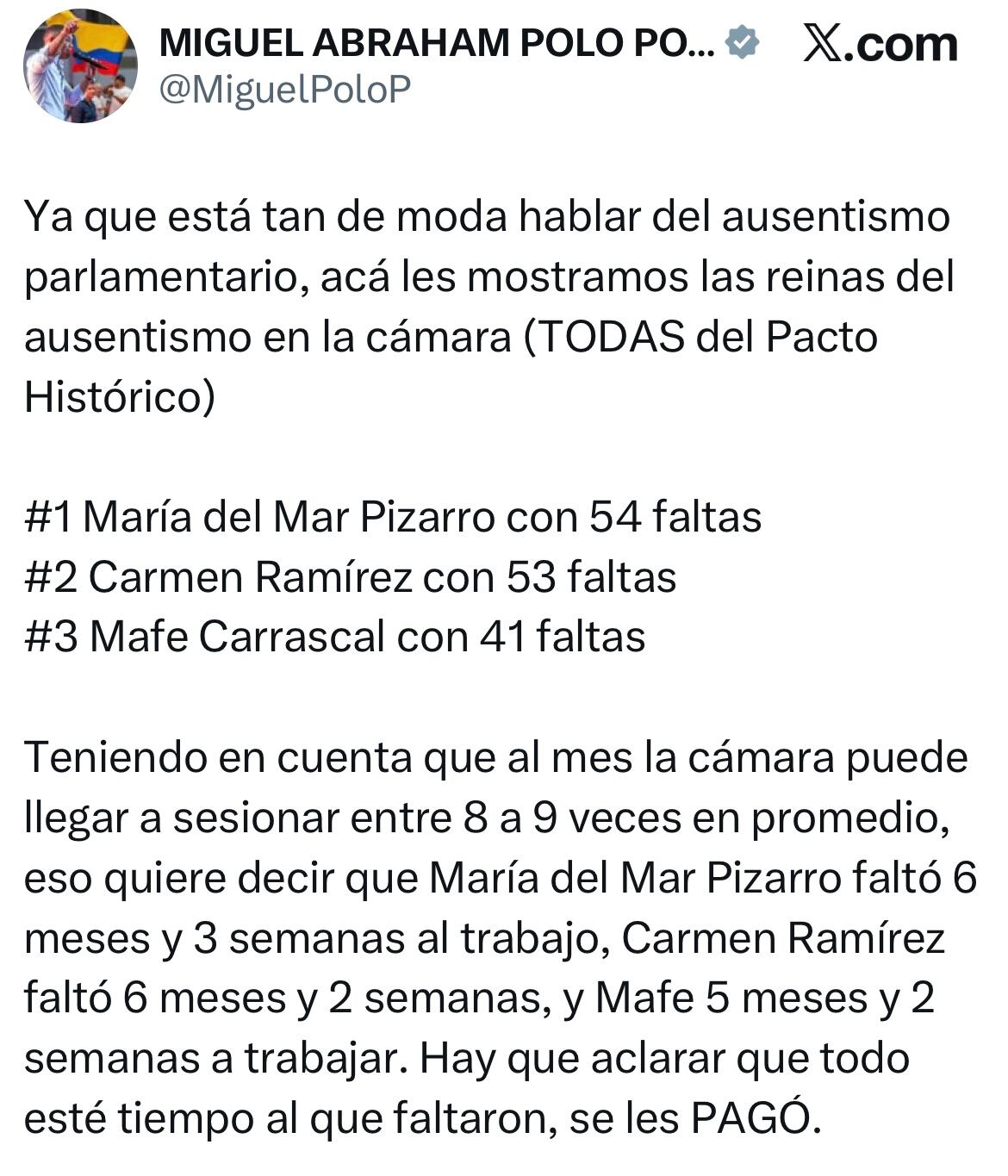 Mensaje Miguel Polo Polo de su cuenta de X