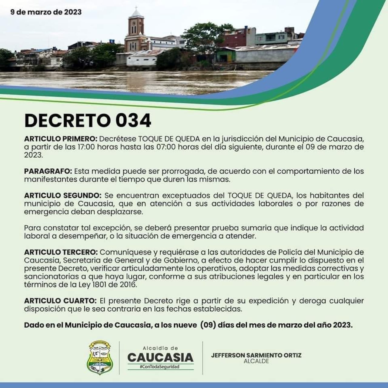 Toque de queda en Caucasia, Antioquia.