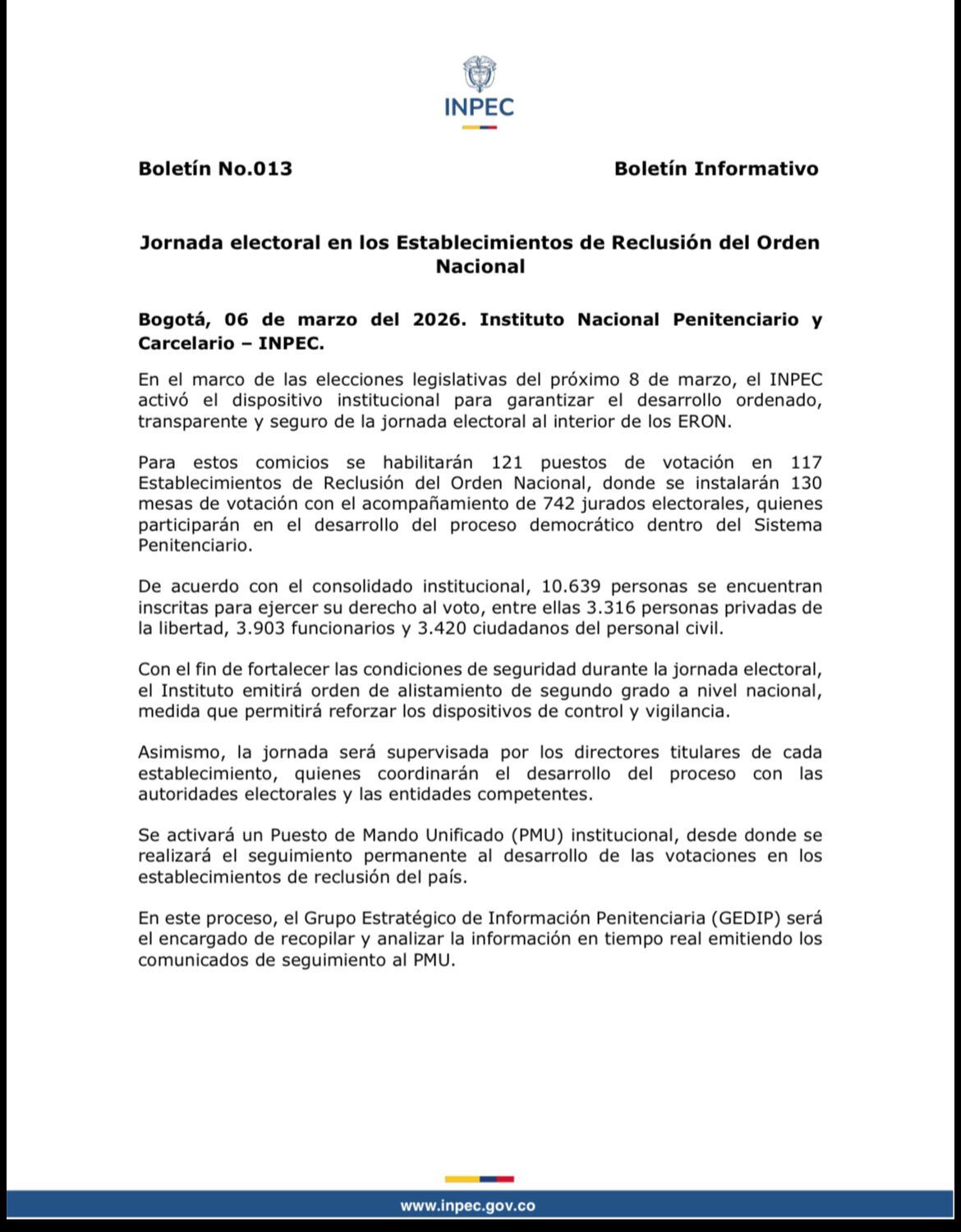 Comunicado oficial de las disposiciones del Inpec para los comicios de las personas privadas de la libertad. - Inpec