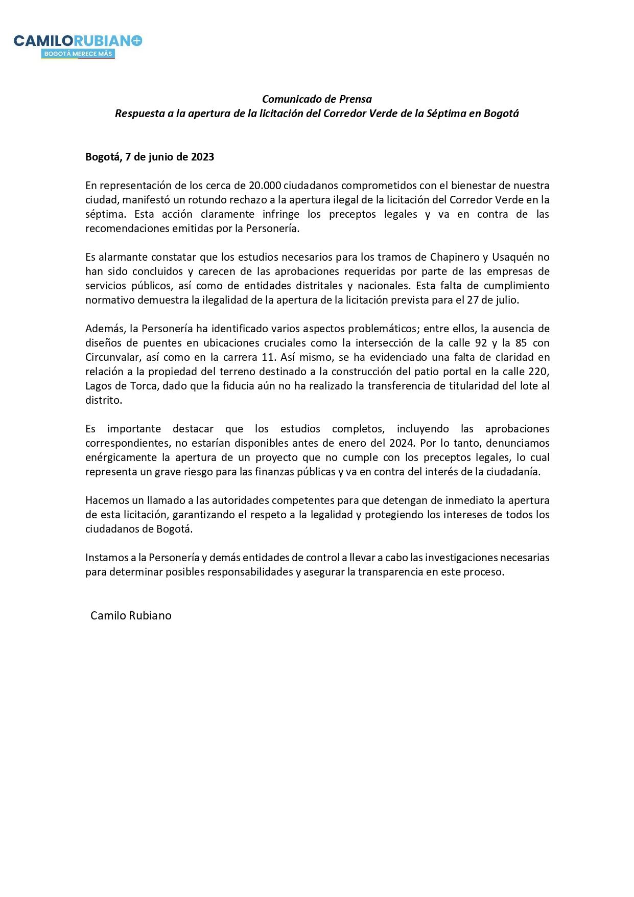 Insta a las autoridades de control para que no sigan permitiendo el avance de la licitación del corredor