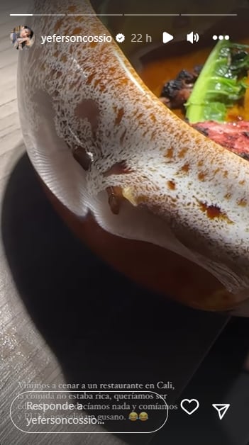La mancha amarilla que se ve en la imagen es la larva saliendo de la comida del plato. Foto: Instagram @yefersoncossio.