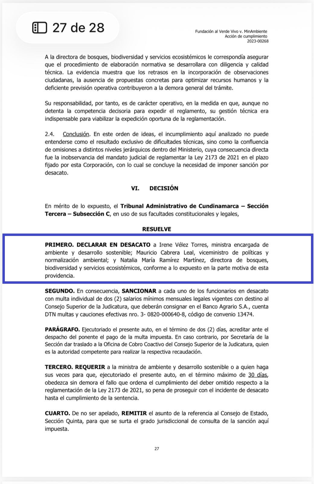 Incidente de desacato y millonaria sanción contra Irene Vélez por no reglamentar ley que obliga a empresas a sembrar arboles