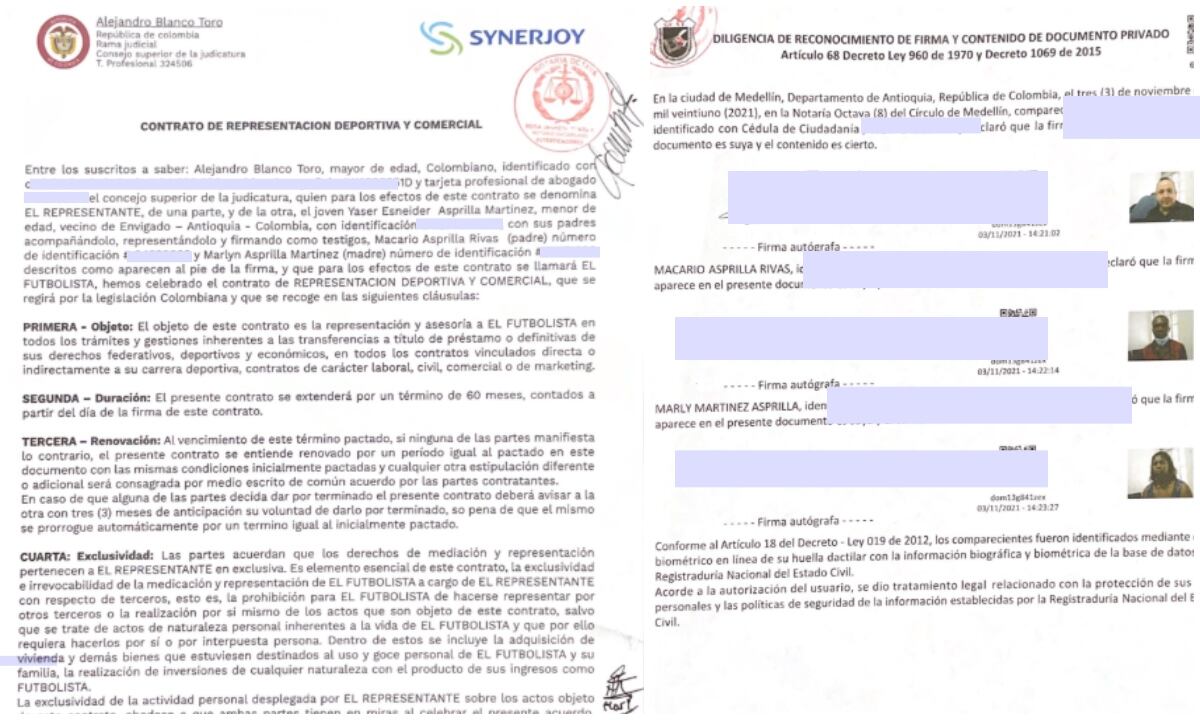 Contrato entre Yaser Asprilla, familia y Alejandro Blanco