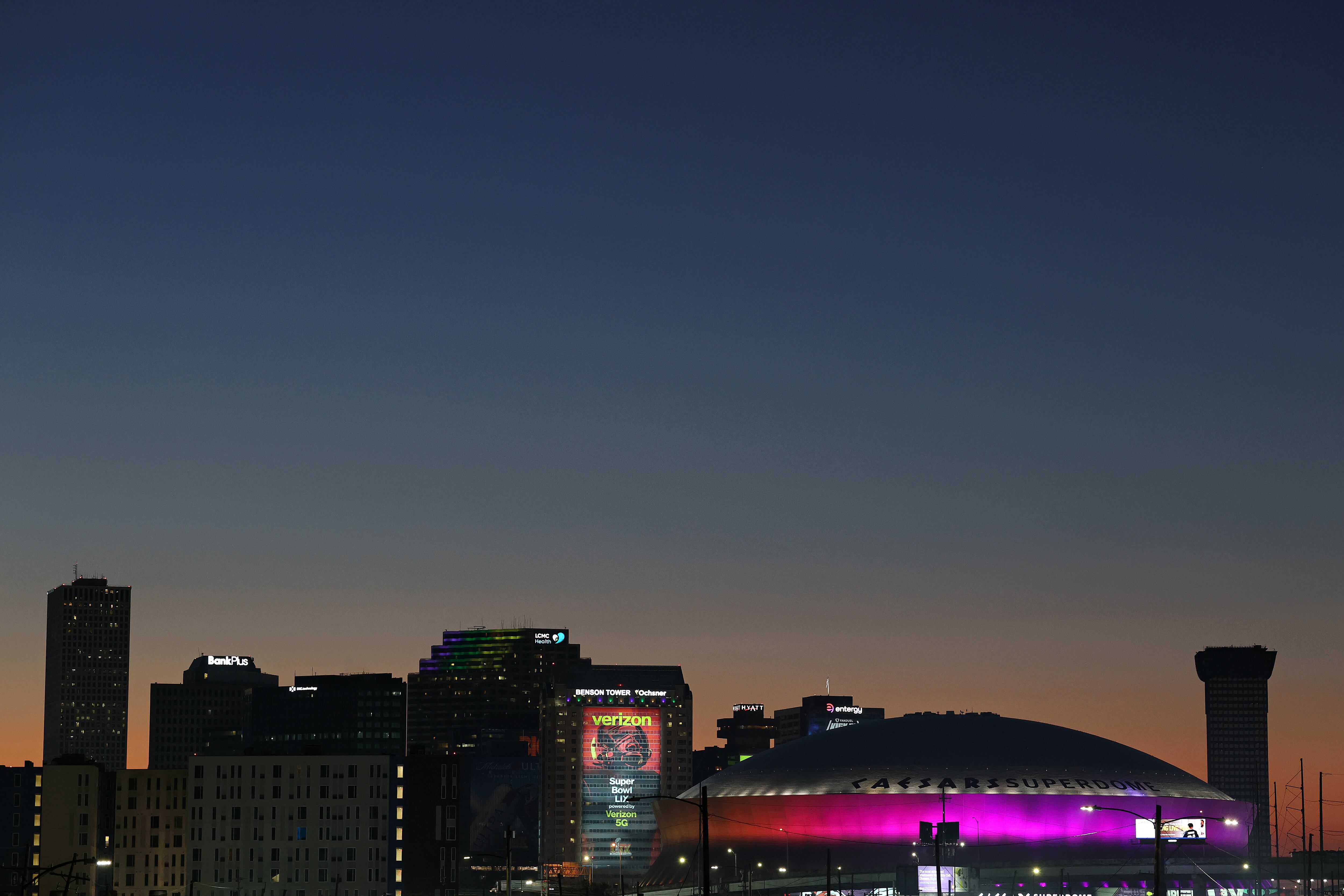 NEW ORLEANS, LOUISIANA - FEBRUARY 07: Caesars Superdome is seen at sunrise ahead of Super Bowl LIX on February 07, 2025 in New Orleans, Louisiana. The Philadelphia Eagles and the Kansas City Chiefs will face each other on Sunday.  (Photo by Aaron M. Sprecher/Getty Images)