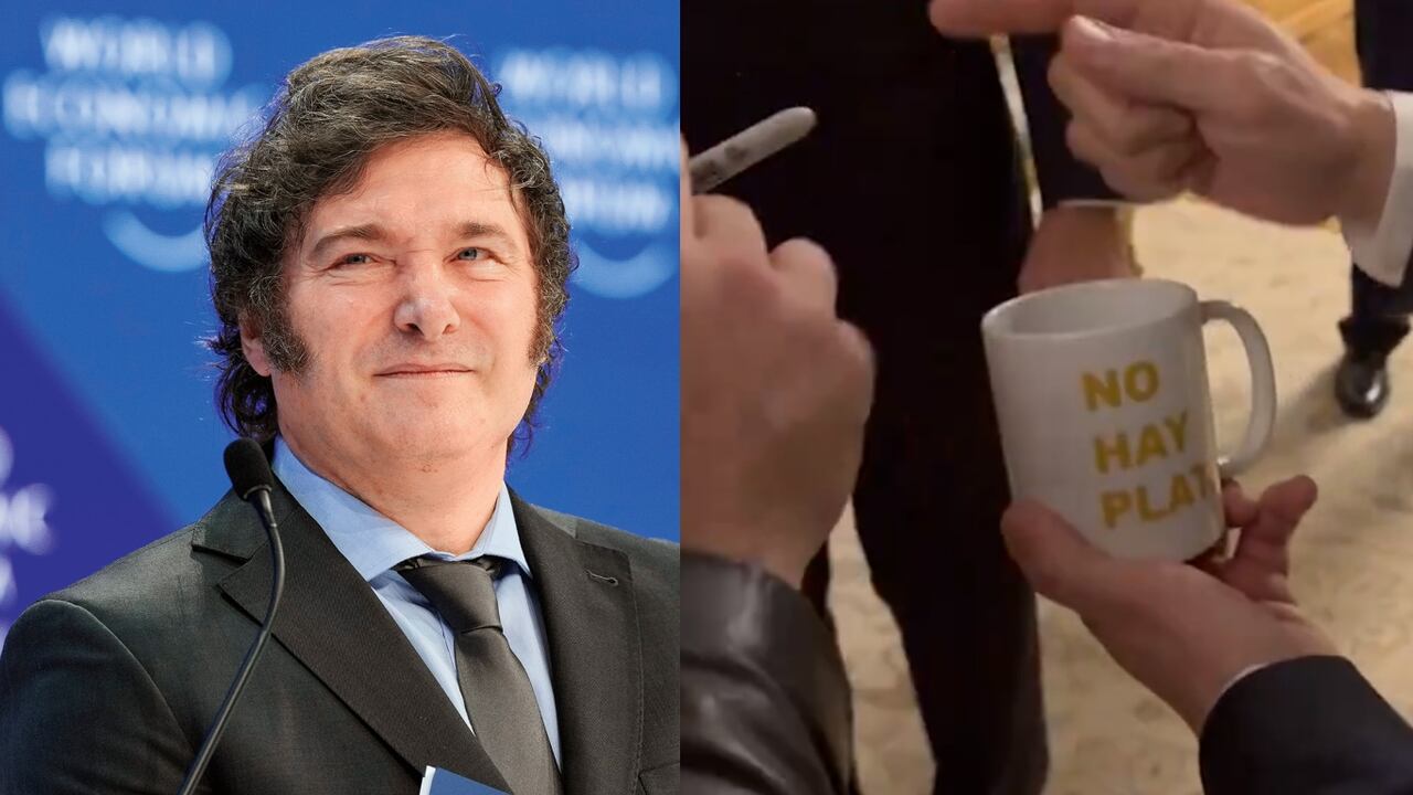Javier Milei firmó taza con la frase "no hay plata"