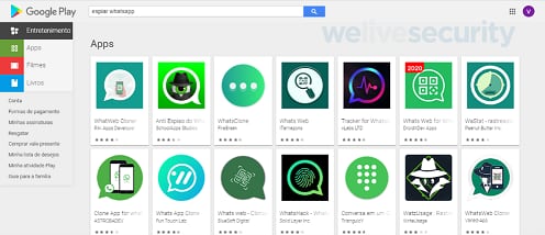Aplicaciones que se ofrecen en Google Play para espiar WhatsApp. (Foto Cortesía ESET)