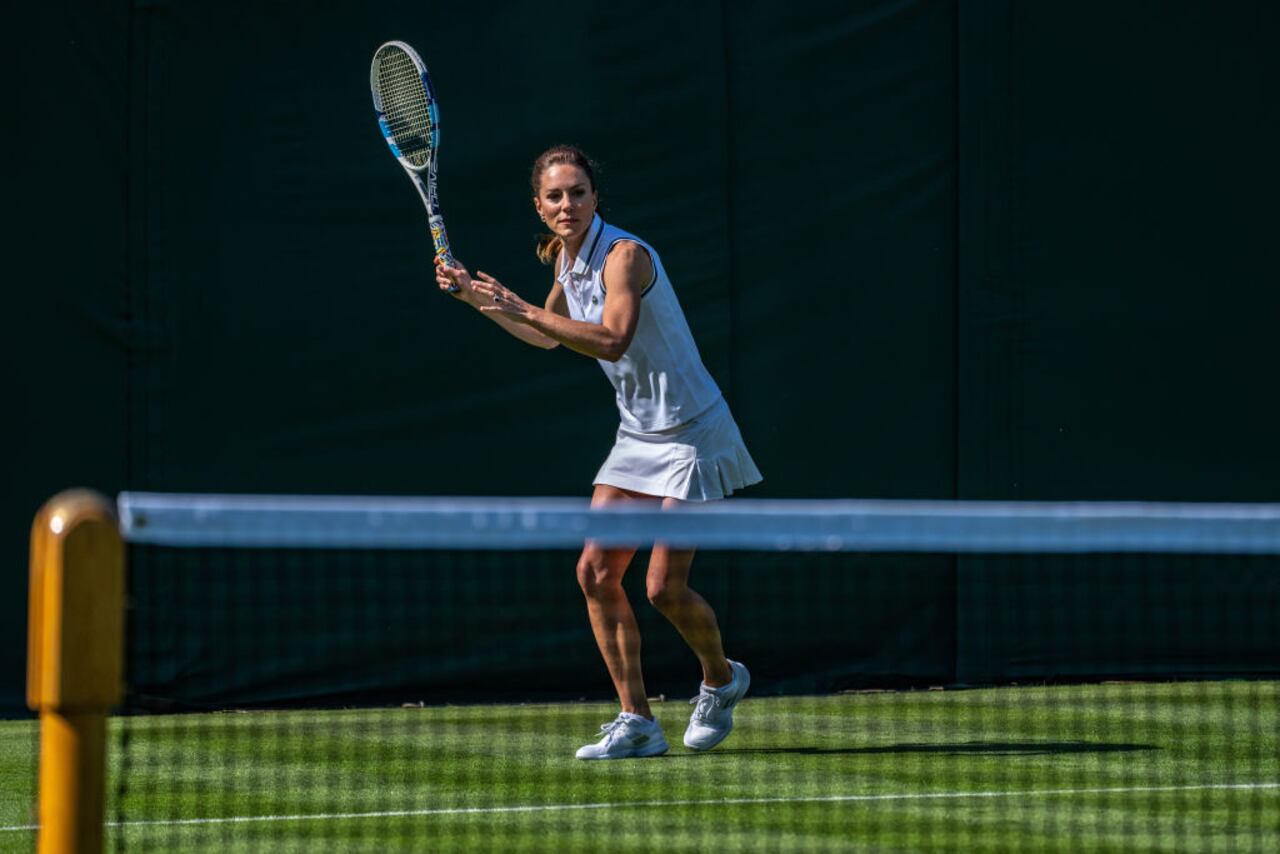 LONDON, ENGLAND - JUNE 24: In this handout images released by Kensington Palace on June 24, 2023, Catherine, Princess of Wales playing tennis on No.3 Court at The All England Lawn Tennis Club, Wimbledon, on June 8, 2023 in London, England. (Photo by Handout/Thomas Lovelock - AELTC via Getty Images)