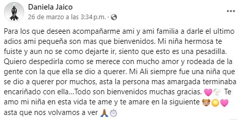 La madre de la niña publicó un emotivo mensaje en sus redes sociales