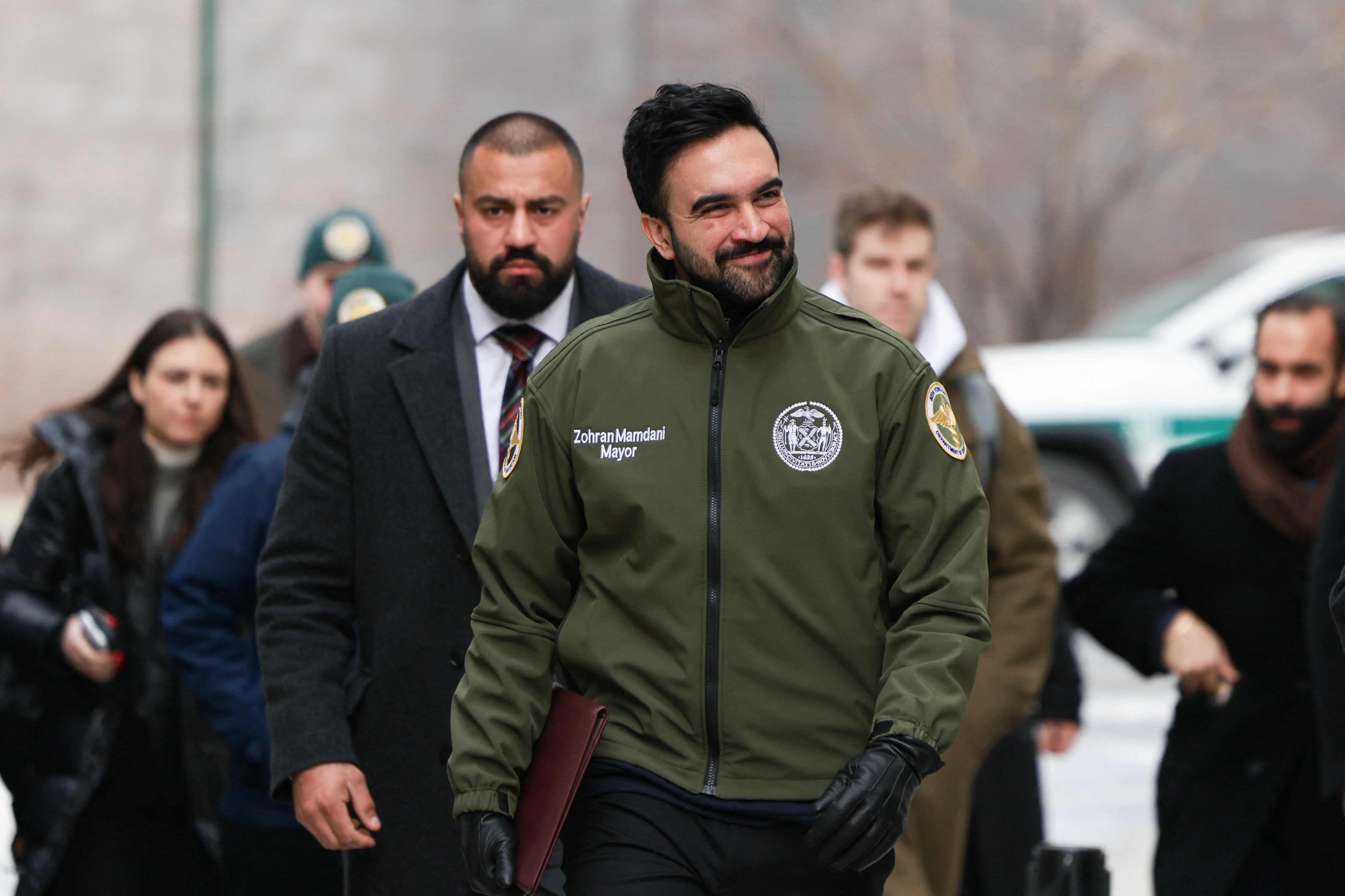New York City Mayor Zohran Mamdani arrives at a salt depot to speak at a news conference about preparations for the winter storm in New York on January 24, 2026. Americans stripped supermarket shelves January 23 ahead of potentially "catastrophic" winter weather that threatened at least 160 million people across the country with transportation chaos, blackouts and life-threatening cold. (Photo by ANGELA WEISS / AFP)