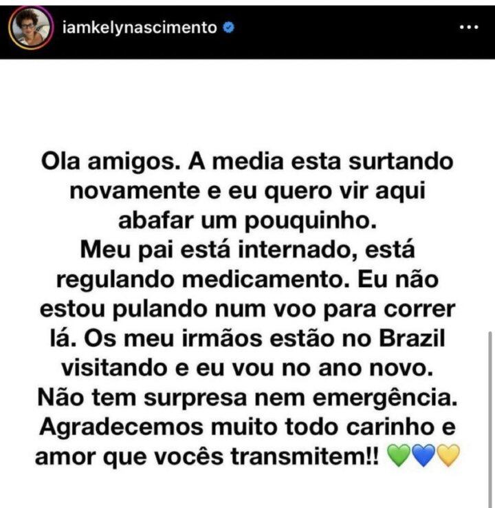 El poste de Kelly Nascimento tras las noticias sobre su padre