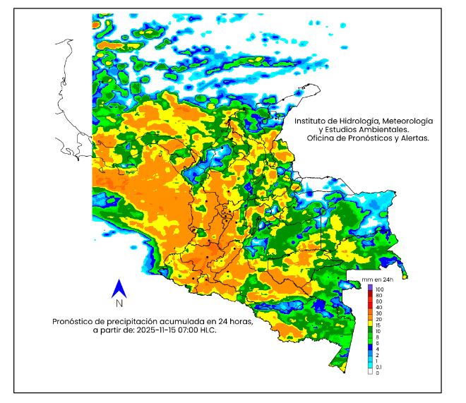 La escala de colores indica la cantidad de
precipitación acumulada, el sábado 15 de noviembre de 2025