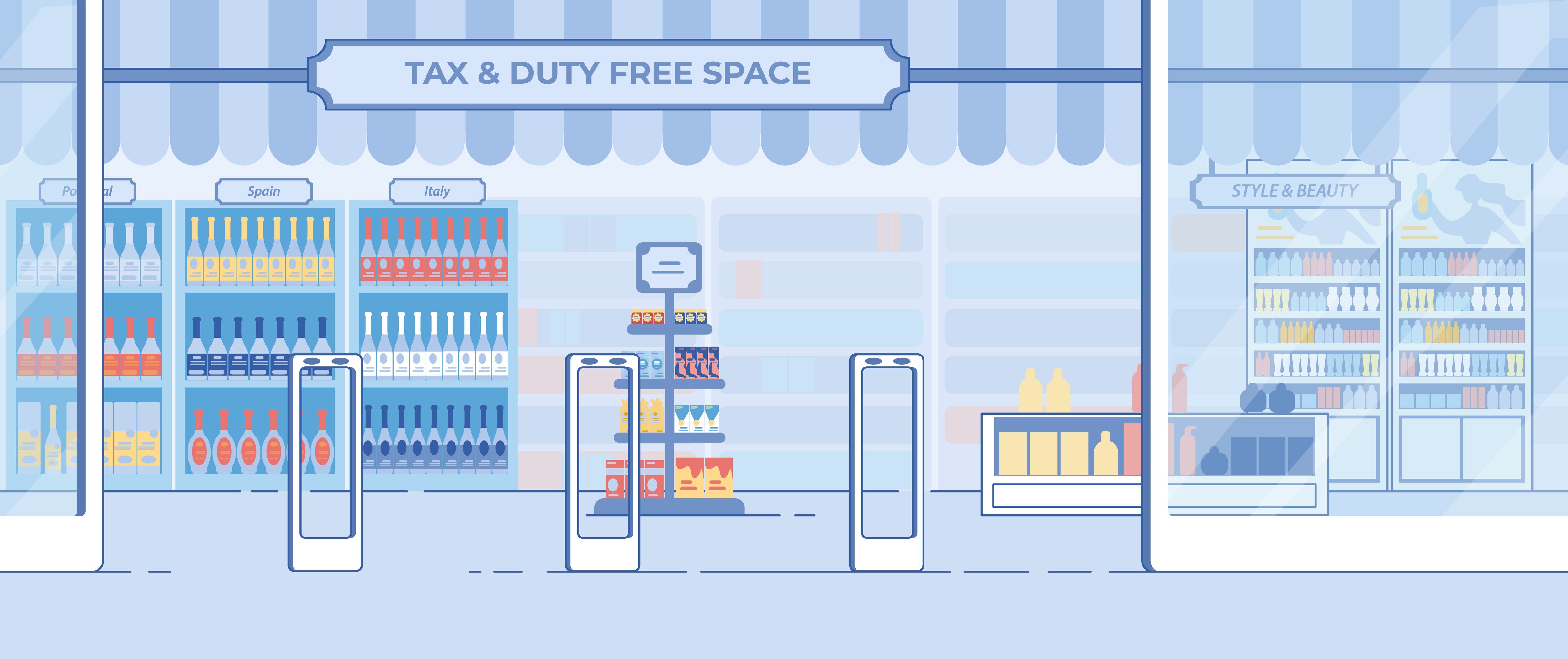 Fondo vectorial plano con botellas de bebidas alcohólicas de lujo, productos cosméticos de lujo y perfumes en los estantes.