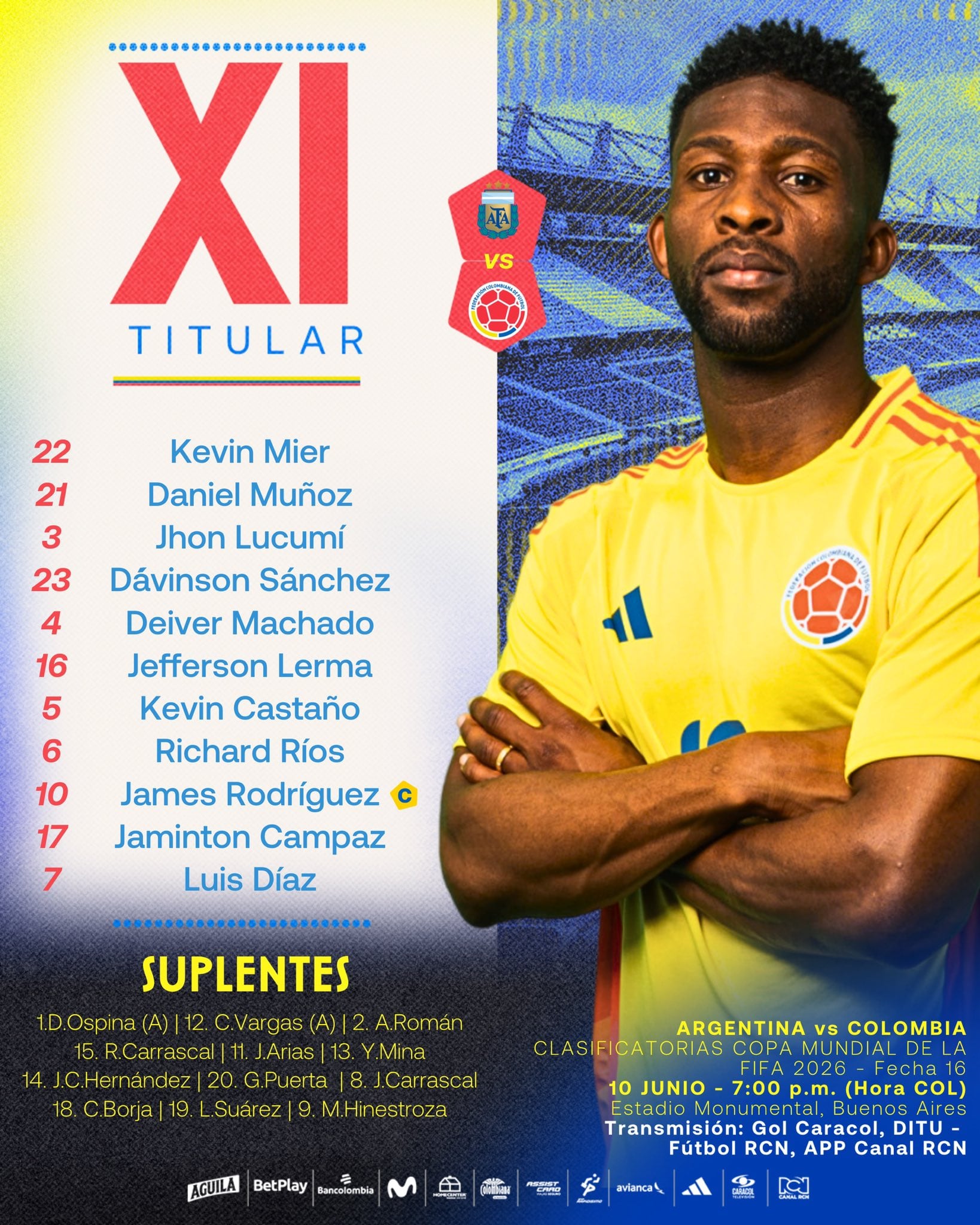 Titular de la Selección Colombia para enfrentar a Argentina.