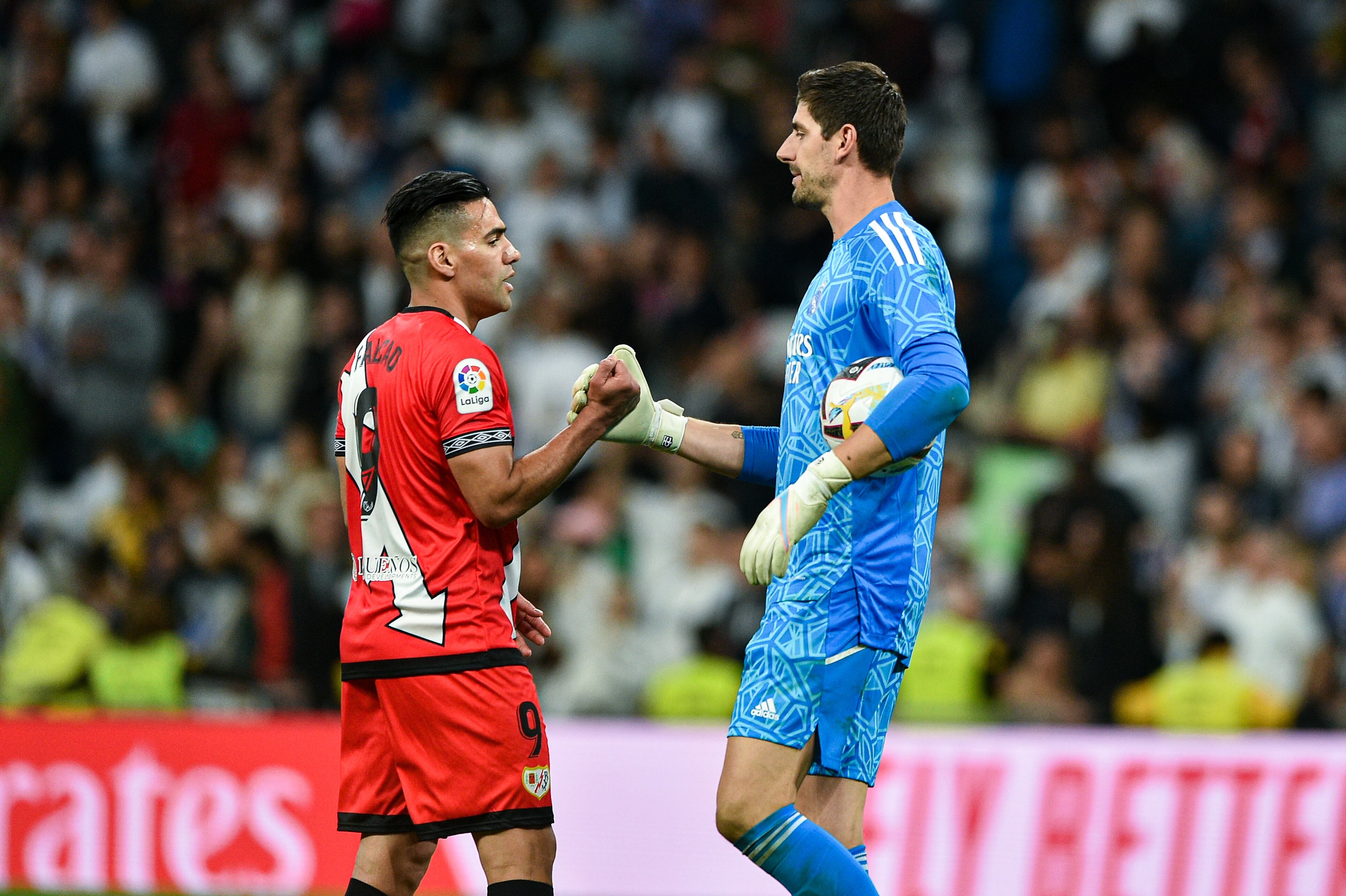 Radamel Falcao and Thibaut Courtois during the La Liga match between Real Madrid and Rayo Vallecano at Estadio Santiago Bernabeu on May 24, 2023 in Madrid, Spain. (Photo by Ruben de la Fuente Perez/NurPhoto via Getty Images)