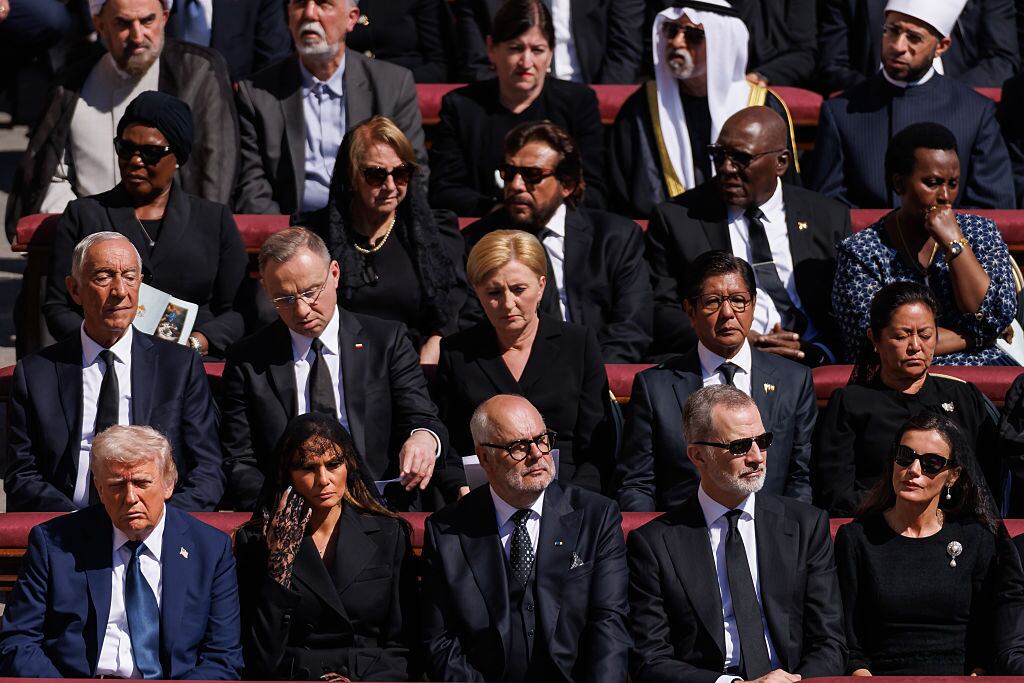 VATICAN CITY, VATICAN - APRIL 26: (L-R) US President Donald Trump, US First Lady Melania Trump, Estonian President Alar Karis, King Felipe VI of Spain and Queen Letizia of Spain attend the funeral of Pope Francis in St. Peter’s Square on April 26, 2025 in Vatican City, Vatican. Pope Francis died on April 21st at the age of 88. Born in Argentina as Jorge Mario Bergoglio, he was the first Latin American and the first Jesuit to become Pope when elected in 2013. Taking the name Francis after St Francis of Assisi, he promoted a more humble version of the papacy than many of his predecessors. He will be buried outside of the Vatican in a simple wooden coffin at the Basilica Santa Maria Maggiore. (Photo by Dan Kitwood/Getty Images)