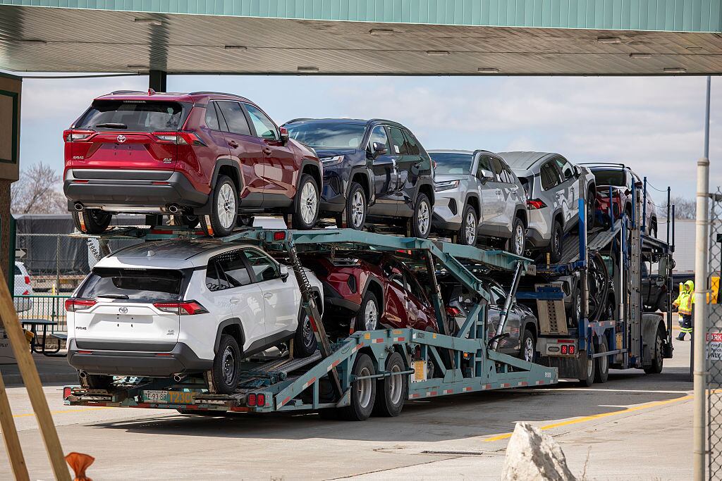 WINDSOR, CANADA - APRIL 1: A car hauler truck gasses up at a duty-free station before crossing the Ambassador into the United States at Detroit on April 1, 2025 in Windsor, Canada. U.S. President Donald Trump has been referring to tomorrow, April 2, as "Liberation Day", when his administration will begin implementing sweeping new tariffs on goods imported into the United States from other countries. (Photo by Bill Pugliano/Getty Images)