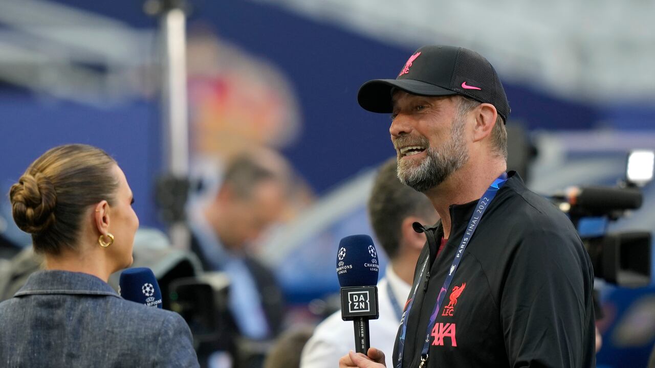 Liverpool's manager Jurgen Klopp gives an interview before a training session at the State de France in Saint Denis near Paris, Friday, May 27, 2022. Liverpool and Real Madrid are making their final preparations before facing each other in the Champions League final soccer match on Saturday. (AP Photo/Frank Augstein)
