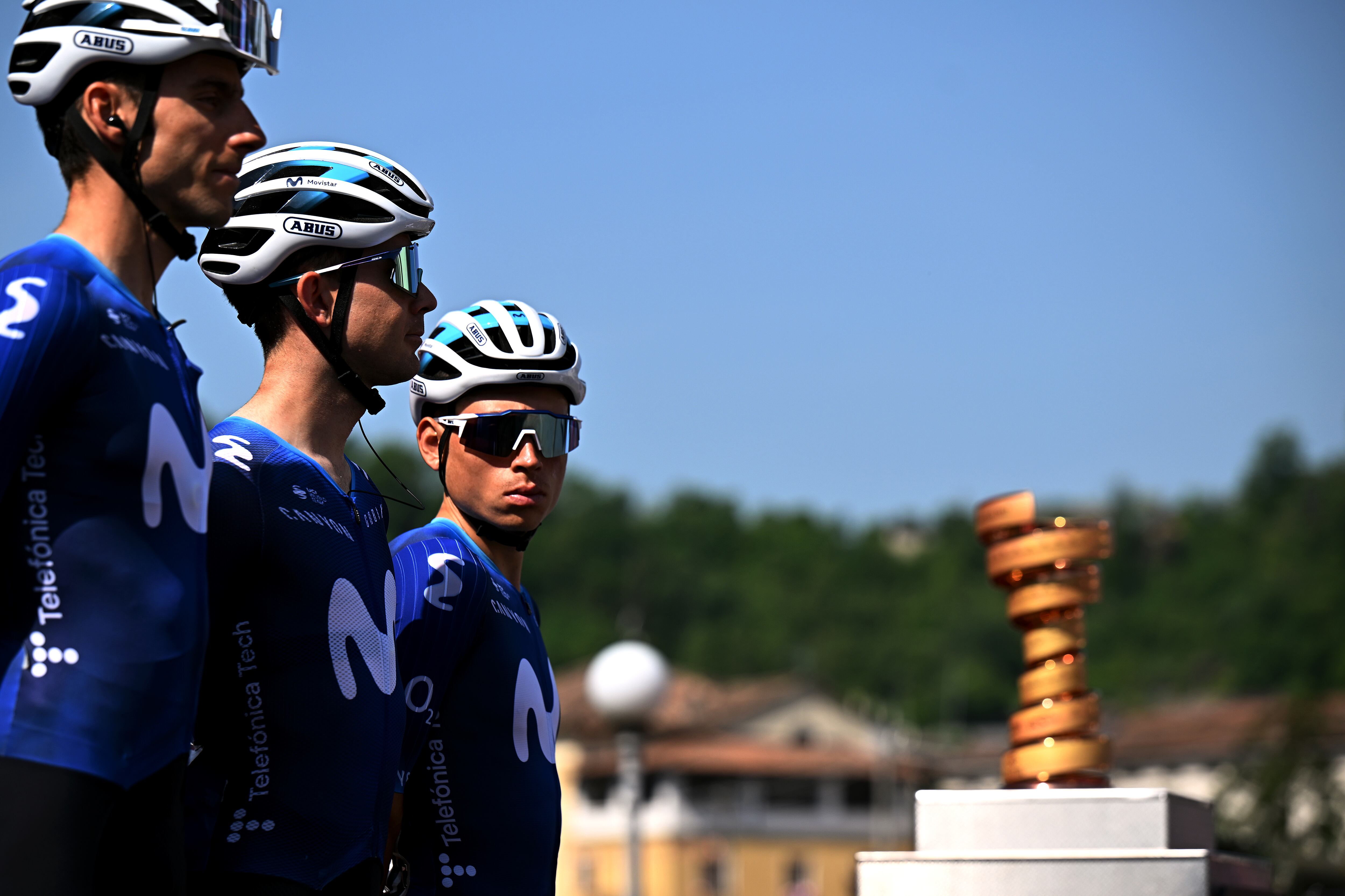 SABBIO CHIESE, ITALY - MAY 23: (L-R) Carlos Verona of Spain, Will Barta of The United States and Einer Augusto Rubio of Colombia and Movistar Team prior to the 106th Giro d'Italia 2023, Stage 16 a 203km stage from Sabbio Chiese to Monte Bondone 1642m / #UCIWT / on May 23, 2023 in Sabbio Chiese, Italy. (Photo by Stuart Franklin/Getty Images,)