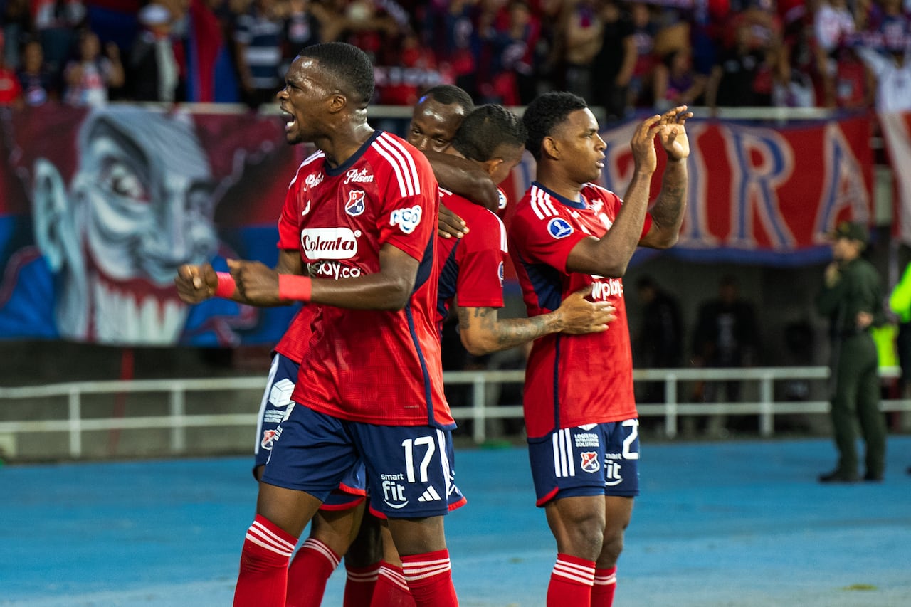 Deportivo Independiente Medellin's Jimer Esteban Fory celebrates after Palestino's Ivan Roman scored a self goal during the CONMBEBOL Copa Sudamericana round of 16 match between Deportivo Independiente Medellin and Palestino at the Hernan Ramirez Villegas Stadium in Pereira, Colombia, August 21, 2024. (Photo by: Camilo Moreno/Long Visual Press/Universal Images Group via Getty Images)