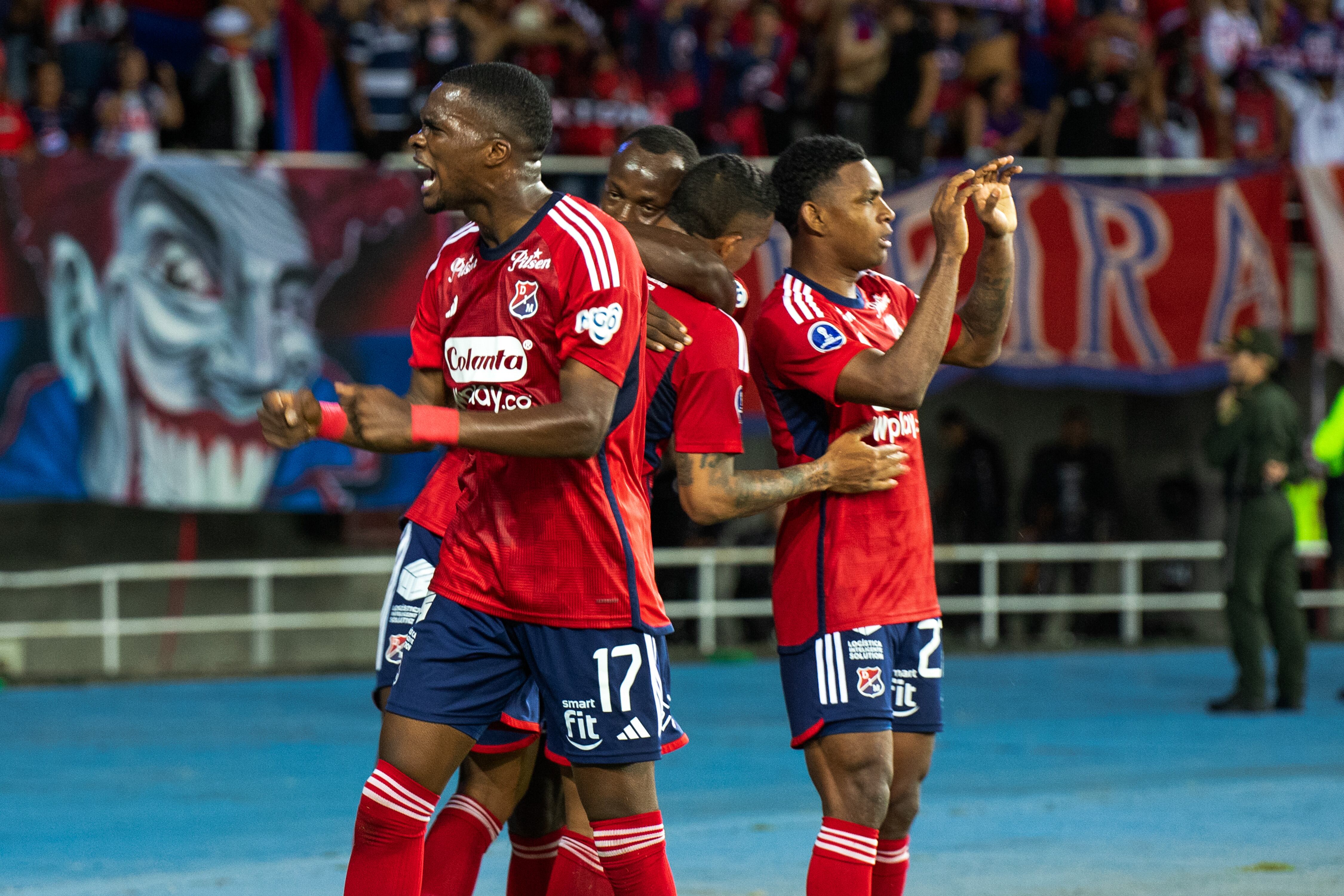 Deportivo Independiente Medellin's Jimer Esteban Fory celebrates after Palestino's Ivan Roman scored a self goal during the CONMBEBOL Copa Sudamericana round of 16 match between Deportivo Independiente Medellin and Palestino at the Hernan Ramirez Villegas Stadium in Pereira, Colombia, August 21, 2024. (Photo by: Camilo Moreno/Long Visual Press/Universal Images Group via Getty Images)