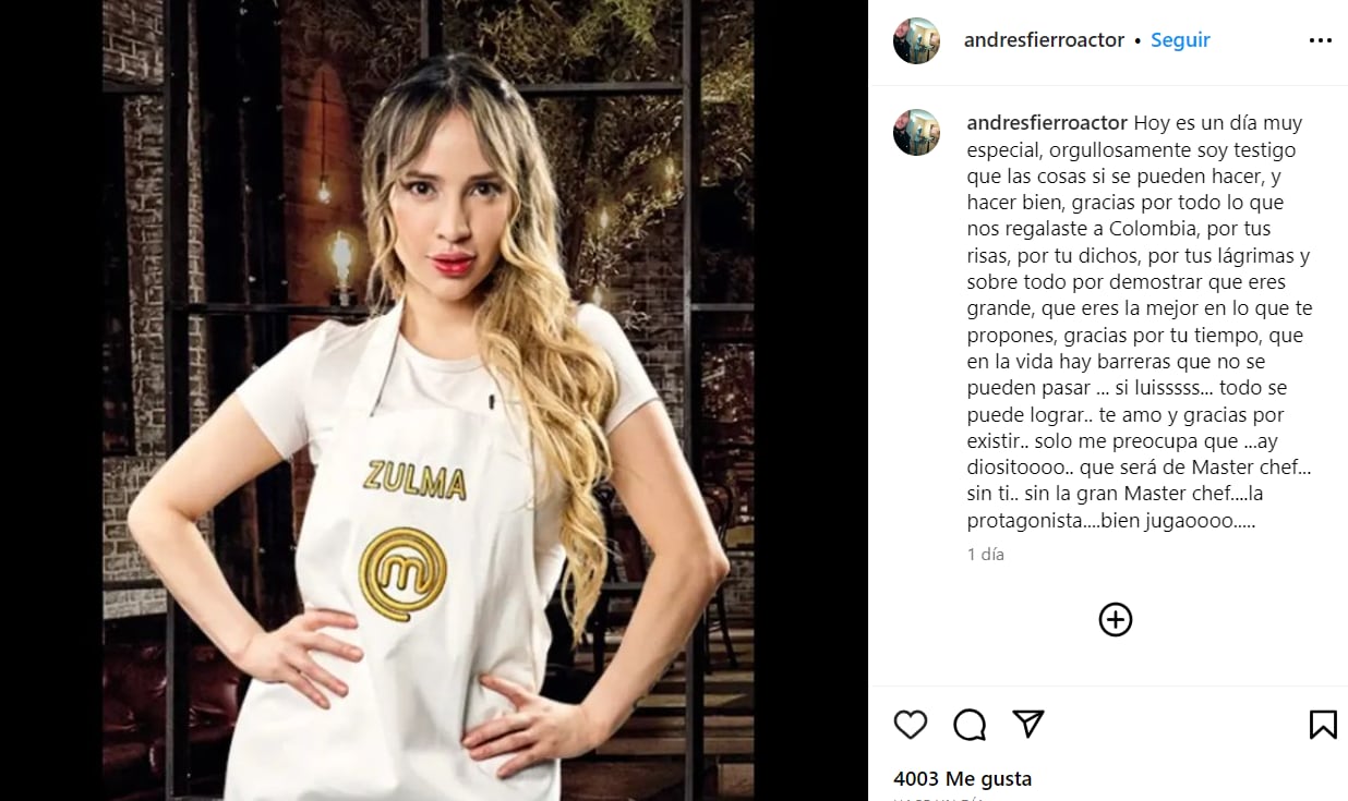Novio de Zulma Rey le dedica tiernas palabras a la actriz tras su salida de Masterchef Celebrity