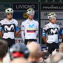 COMO, ITALY - OCTOBER 11: (L-R) Carlos Canal of Spain, Orluis Aular of Venezuela, Einer Rubio of Colombia and Nairo Quintana of Colombia and Team Movistar Team prior to the 119th Il Lombardia 2025 a 241km one day race from Como to Bergamo on October 11, 2025 in Como, Italy. (Photo by Dario Belingheri/Getty Images)
