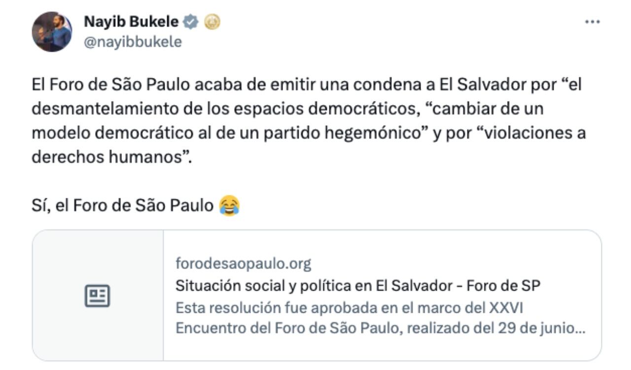 Así fue el mensaje en tono de burla de Nayib Bukele contra el foro de Sao Paulo, organización conformada por líderes de izquierda de la región.