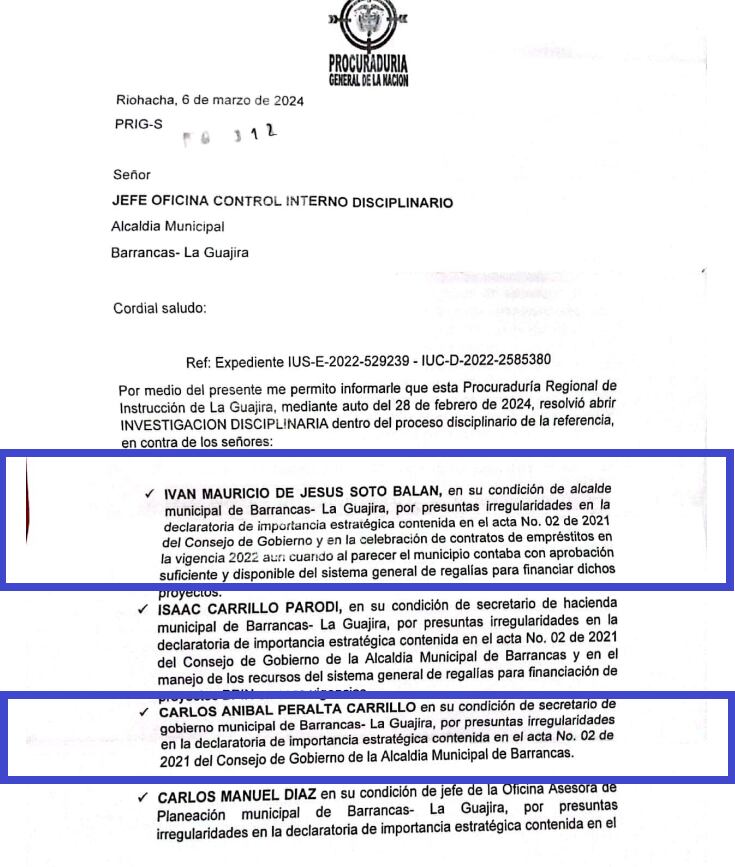 SEMANA revela la investigación disciplinaria contra el exalcalde de Barrancas en La Guajira.