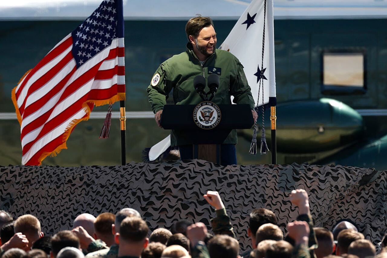 QUANTICO, VIRGINIA - MARCH 26: U.S. Vice President JD Vance delivers remarks to U.S. Marines at Marine Corps Base Quantico on March 26, 2025 in Quantico, Virginia. Vance, a U.S. Marine Corps veteran, is expected to meet with military members and tour the base. (Photo by Kevin Dietsch/Getty Images)