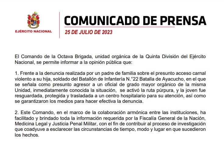 El Ejército se pronunció sobre la presunta violación por parte de un mayor contra una joven soldado del batallón Ayacucho.