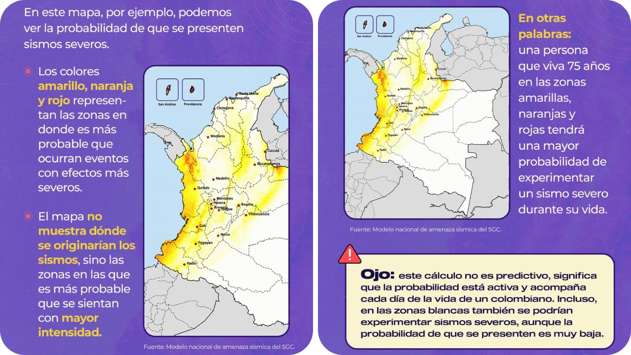 El SGC aclaró que las zonas rojas no significan que allí ocurrirá pronto un terremoto.