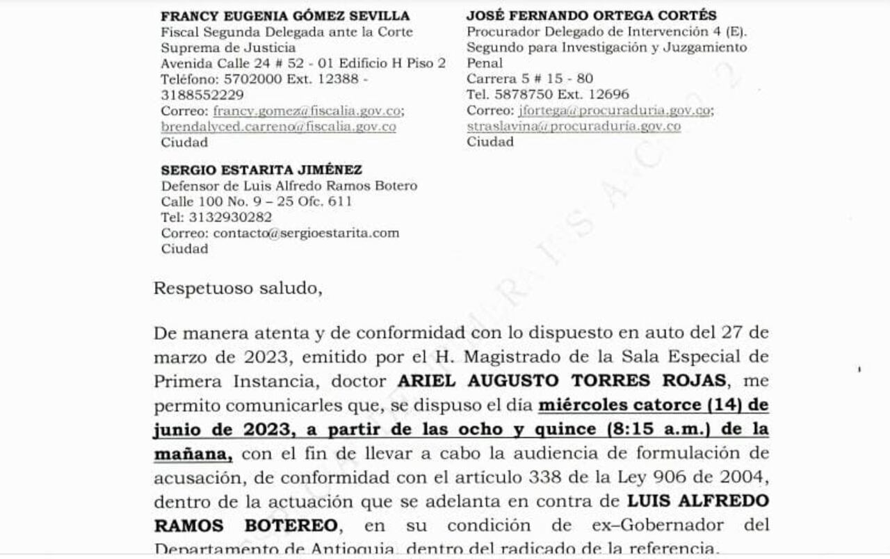 El exgobernador de Antioquia Luis Alfredo Ramos, está citado por la Corte Suprema de Justicia para el 14 de junio para responder por las irregularidades en la adjudicación de la obra de Hidroituango.