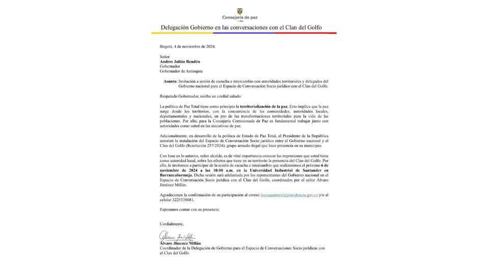 Comunicación enviada por el Gobierno nacional al gobernador de Antioquia, Andrés Julián Rendón, para conversar sobre la presencia del Clan del Golfo en el departamento.