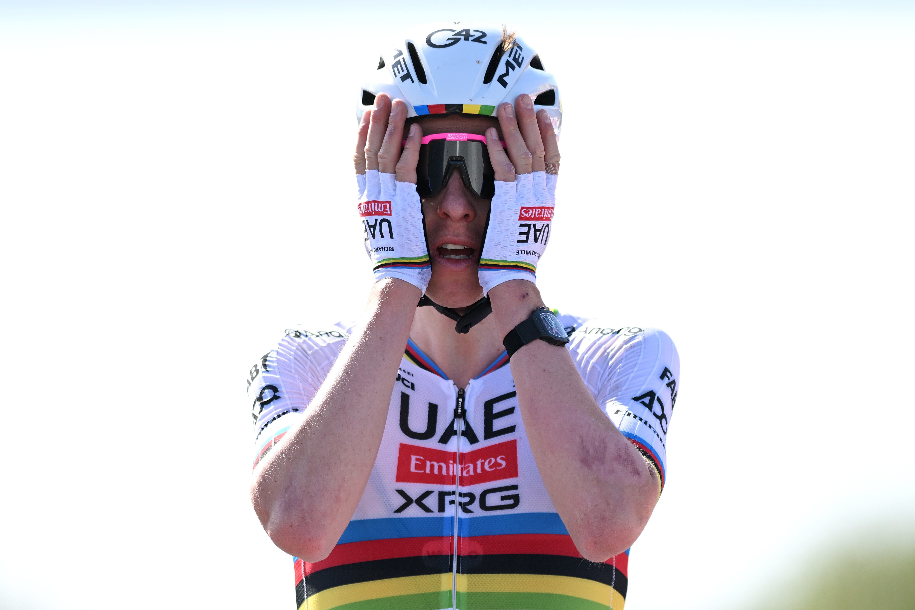 OUDENAARDE, BELGIUM - APRIL 06: Tadej Pogacar of Slovenia and Team UAE Team Emirates - XRG celebrates at finish line as race winner during the 109th Ronde van Vlaanderen - Tour des Flandres 2025 - Men's Elite a 269km one day race from Bruges to Oudenaarde / #UCIWT / on April 06, 2025 in Oudenaarde, Belgium. (Photo by Dario Belingheri/Getty Images)