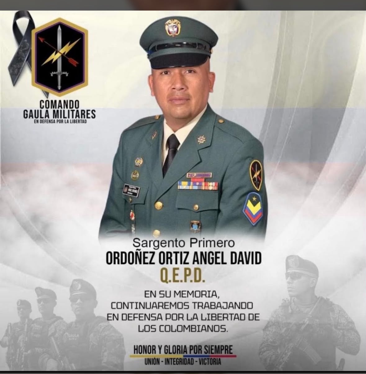 Sargento primero Ángel David Ordóñez Ortiz, muerto en Popayán.