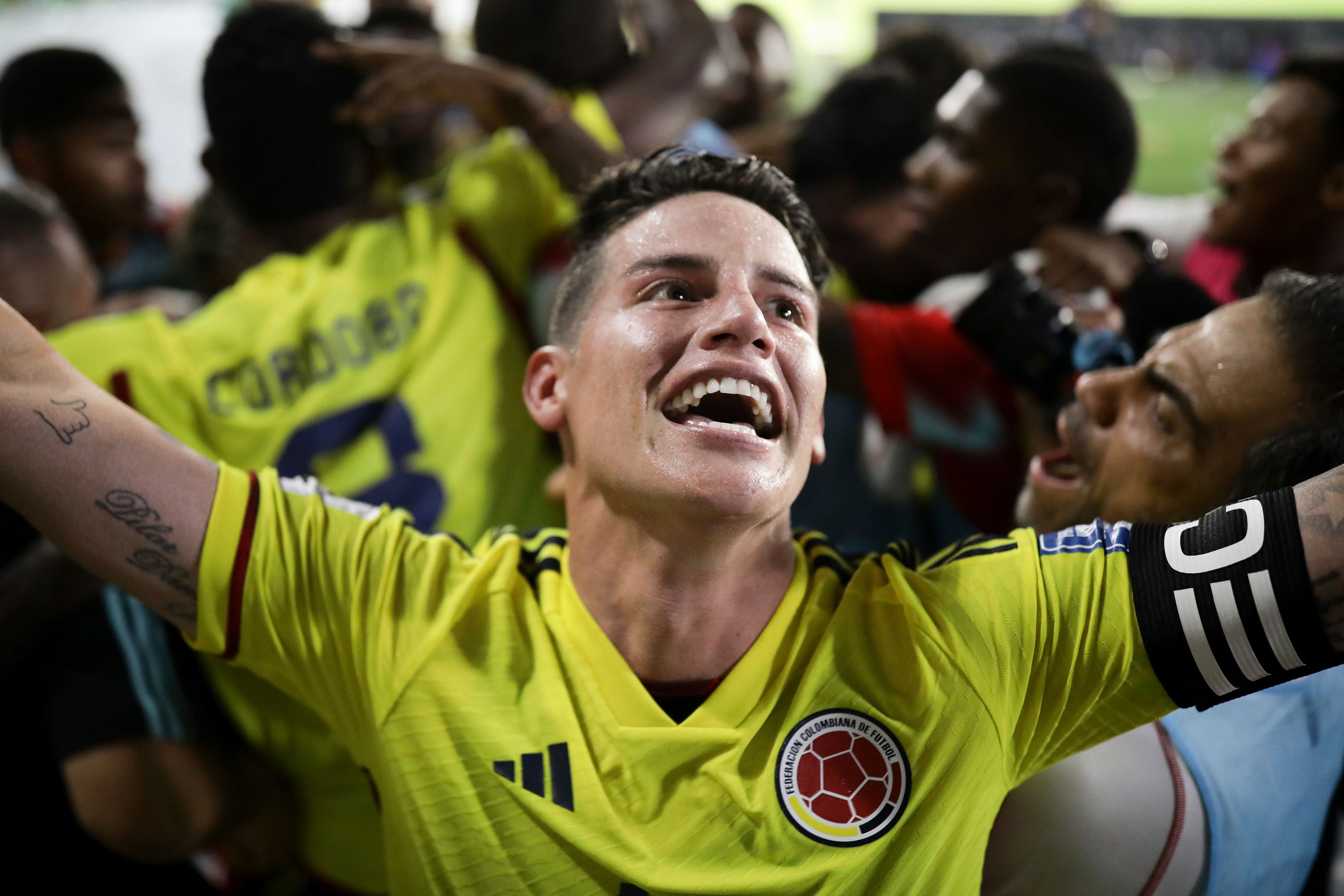 James Rodriguez celebrates Colombia's 2-1 victory over Brazil in a qualifying soccer match for the FIFA World Cup 2026 at the Metropolitano stadium in Barranquilla, Colombia, Thursday, Nov. 16, 2023. (AP Photo/Ivan Valencia)