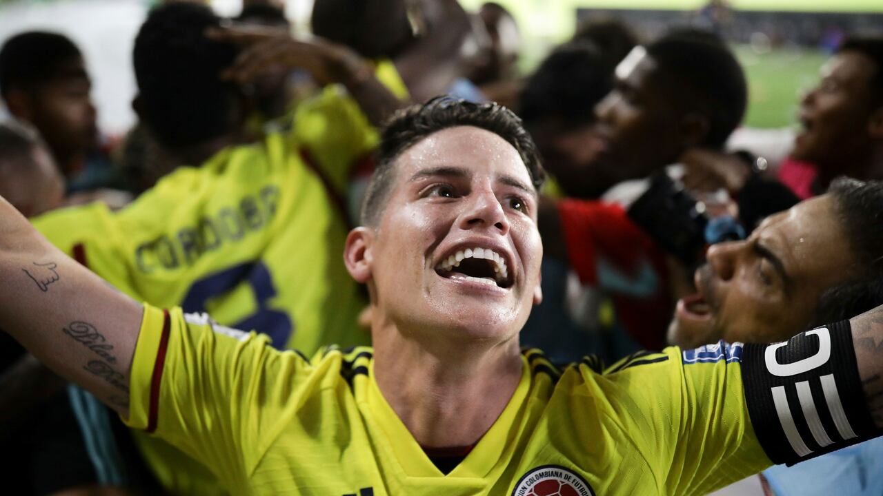 James Rodriguez celebrates Colombia's 2-1 victory over Brazil in a qualifying soccer match for the FIFA World Cup 2026 at the Metropolitano stadium in Barranquilla, Colombia, Thursday, Nov. 16, 2023. (AP Photo/Ivan Valencia)