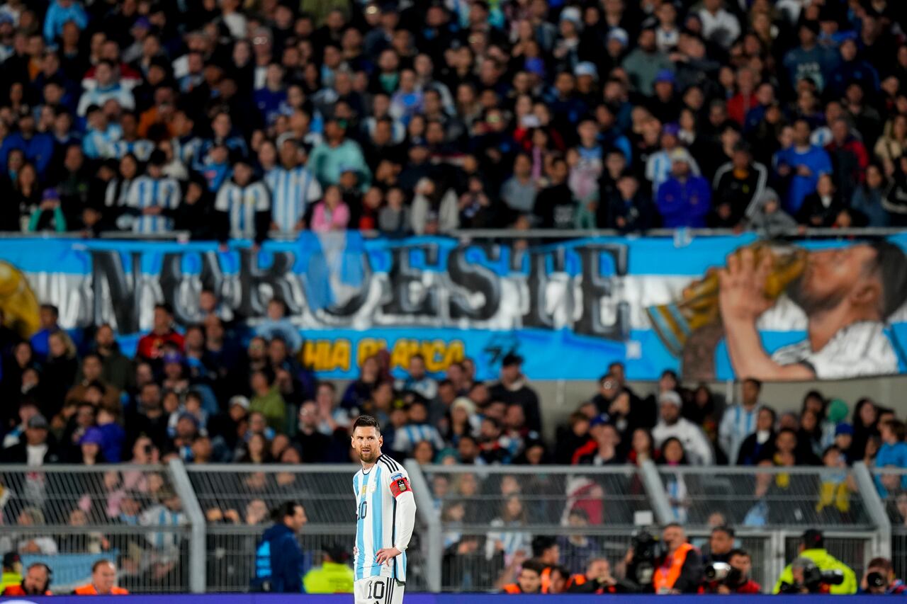 Argentina's Lionel Messi stands on the field during a qualifying soccer match for the FIFA World Cup 2026 against Paraguay at the Monumental stadium in Buenos Aires, Argentina, Thursday, Oct. 12, 2023. (AP Photo/Natacha Pisarenko)
