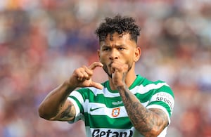 Luis Suarez of Sporting CP celebrates after scoring the team's first goal during a Taca De Portugal 2025/26 match between Sporting CP and SCU Torreense at Estadio Nacional do Jamor in Lisbon, Portugal, on May 24, 2026. (Photo by Valter Gouveia/NurPhoto via Getty Images)