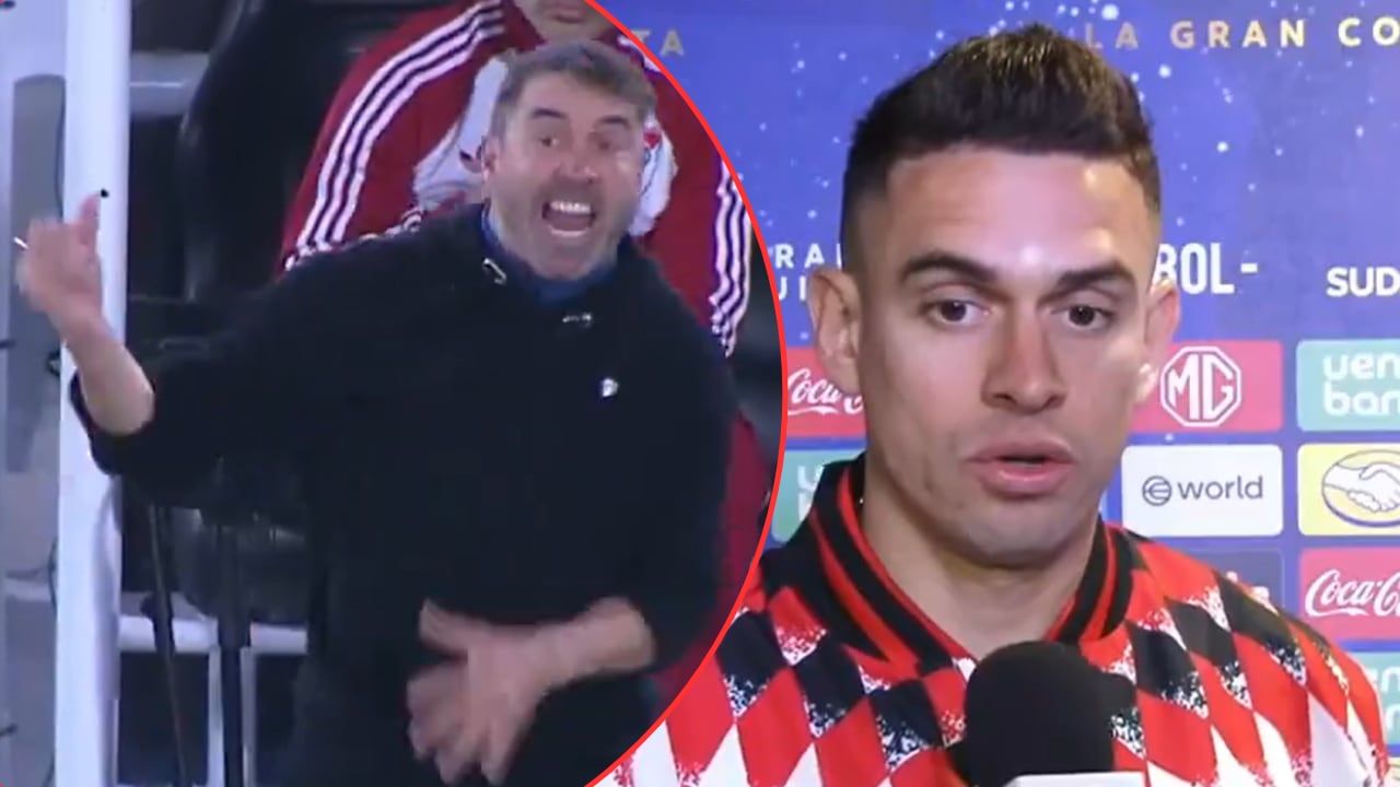Chacho Coudet y Rafael Santos Borré. DT y delantero de River Plate tuvieron encontronazo en pleno partido de Sudamericana.