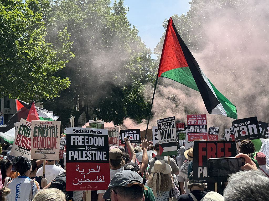 LONDON, UNITED KINGDOM - JUNE 21: People gather to stage a protest against Israel's attacks on Gaza and Iran in London, United Kingdom on June 21, 2025. (Photo by Behlul Cetinkaya/Anadolu via Getty Images)