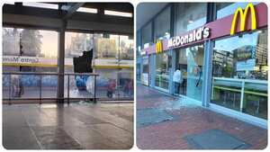 Vandalismo en la calle 26 en Bogotá. Estaciones de TransMilenio y locales comerciales fueron afectados.