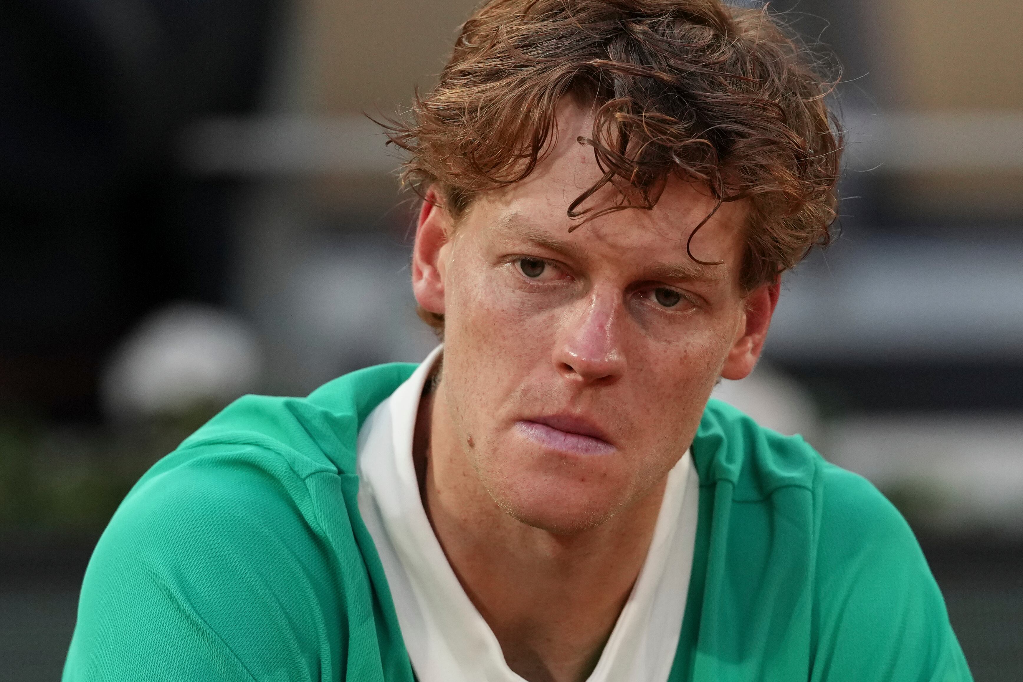 Second placed Italy's Jannik Sinner reacts after the final match of the French Tennis Open against Spain's Carlos Alcaraz at the Roland-Garros stadium in Paris, Sunday, June 8, 2025. (AP Photo/Thibault Camus)