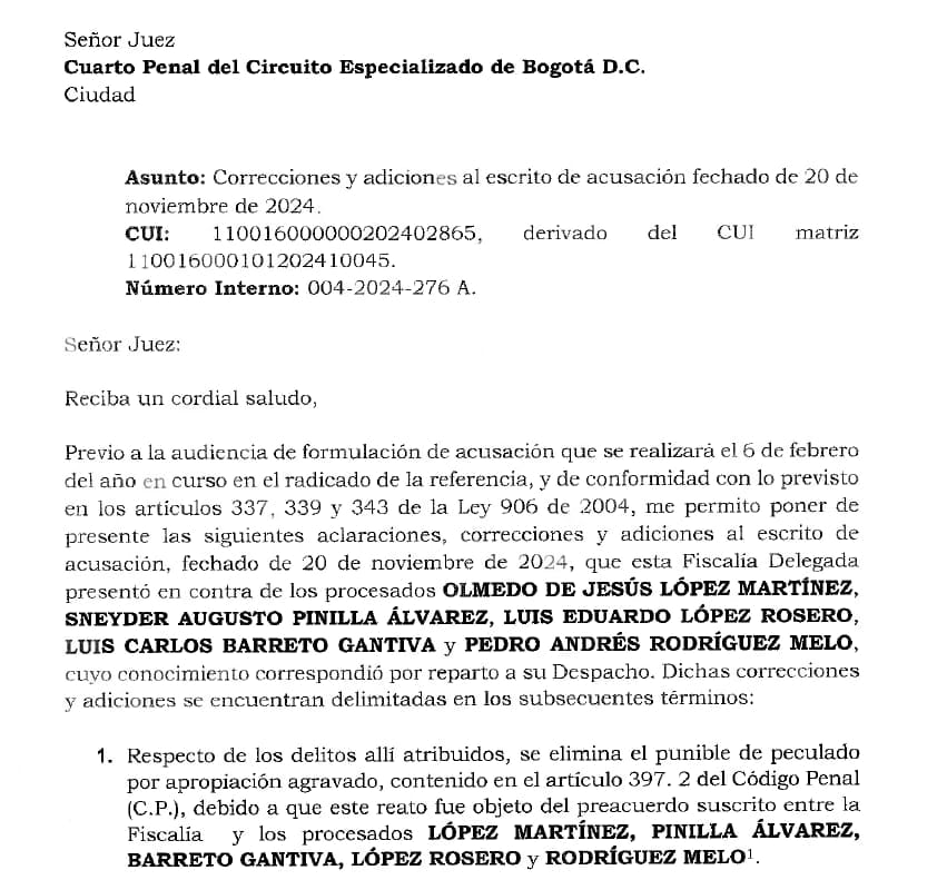 El documento que confirma las correcciones y precisiones que se realizaron en el proceso contra los exdirectivos de la UNGRD.