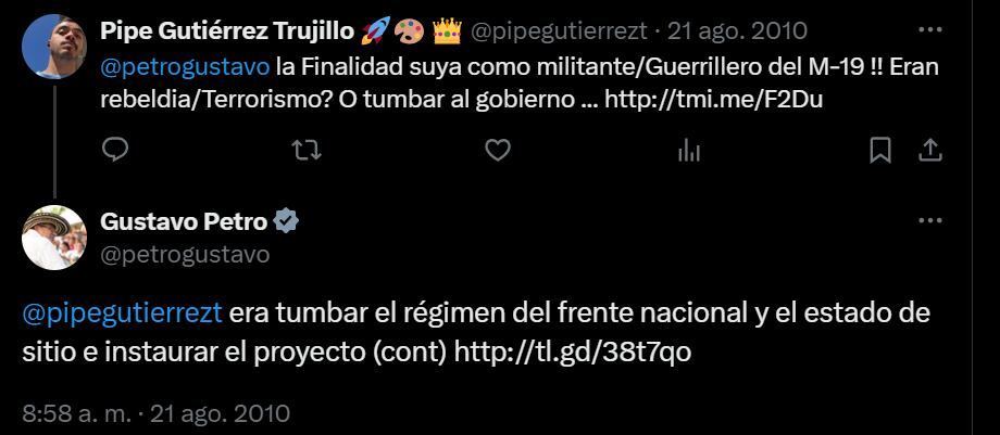 En agosto de 2010 el ahora presidente Gustavo Petro aseguró que se había unido al M-19 para tumbar al Frente Nacional.