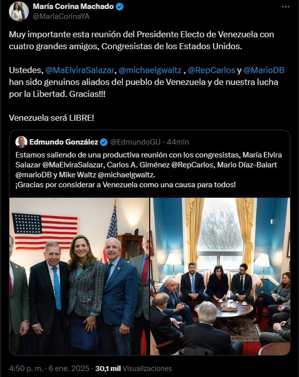 Machado agradeció a los congresistas estadounidenses por su apoyo a la lucha por la libertad en Venezuela, resaltando su papel como aliados genuinos del pueblo venezolano.