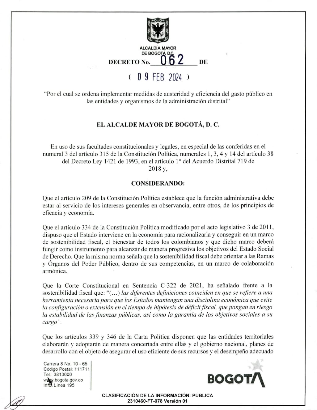 Decreto de austeridad de Carlos Fernando Galán.
